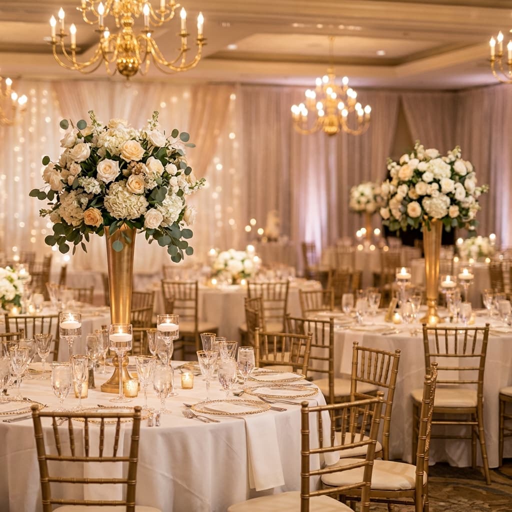 Elegant wedding reception with beautifully arranged seating tables