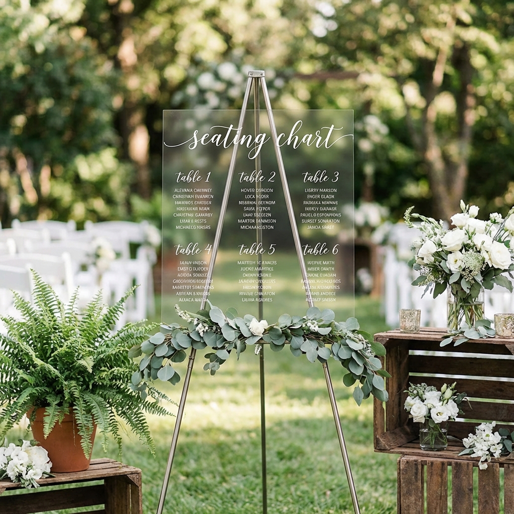 Modern clear acrylic wedding seating chart with white calligraphy in garden setting