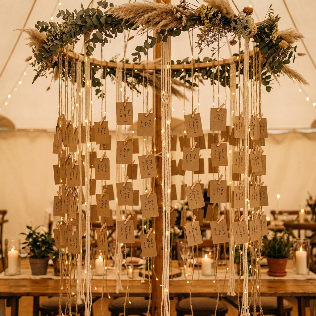 Beautiful bohemian escort card display with hanging name cards fairy lights and dried flowers