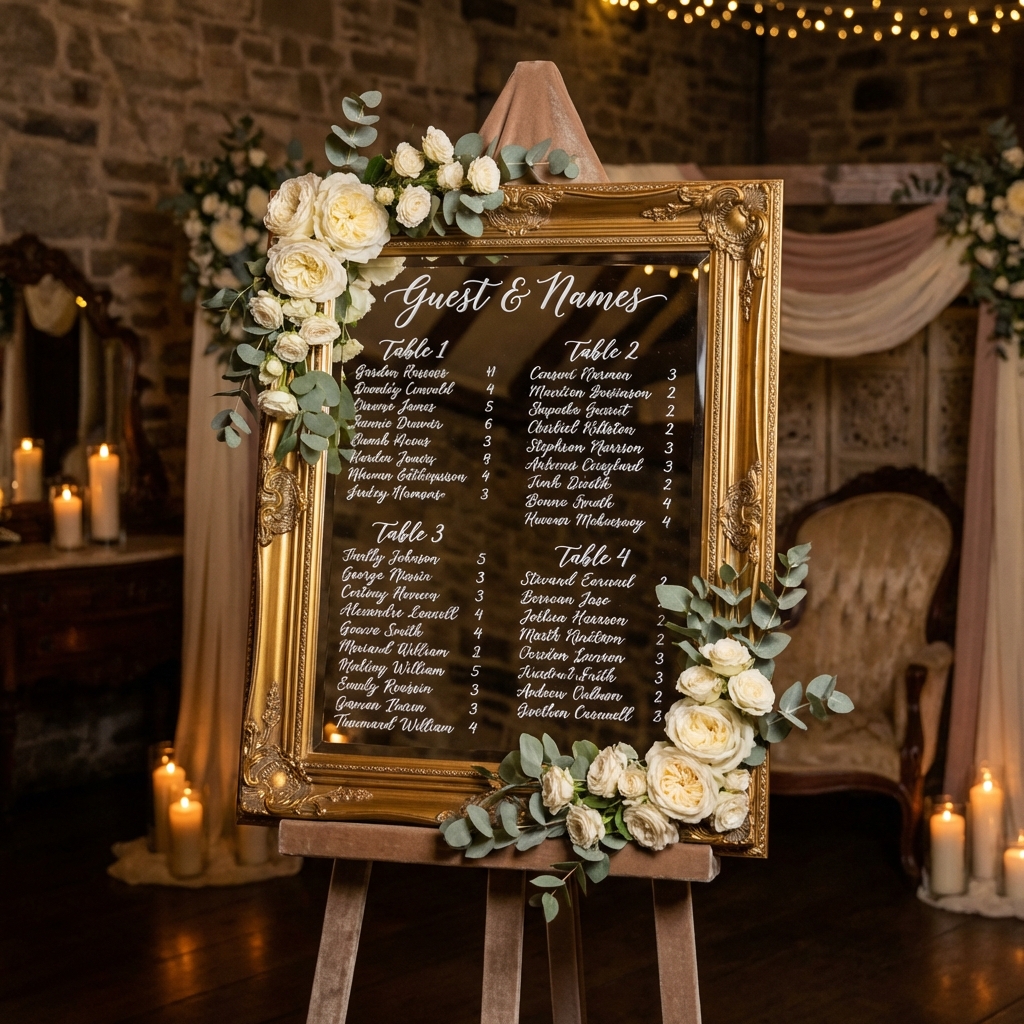 Vintage gold-framed mirror seating chart with calligraphy guest names and white roses