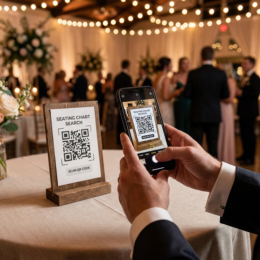 Guest scanning QR code with smartphone at wedding reception to find their seat