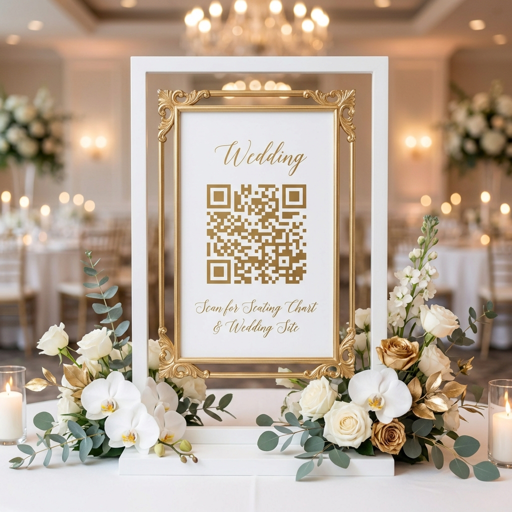 Elegant QR code display for wedding seating with gold frame and floral decorations